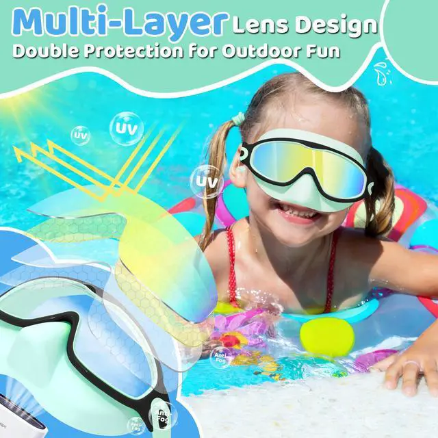 Alt view image 6 of 7 - Kids Swim Goggles 2 Pack with Nose Cover and Attached Earplugs, Wide View Anti-Fog/UV Swimming Goggles for Age 3-12 Boys Girls, No Leak Pool Water Clear Swimming Goggle for Youth Toddler