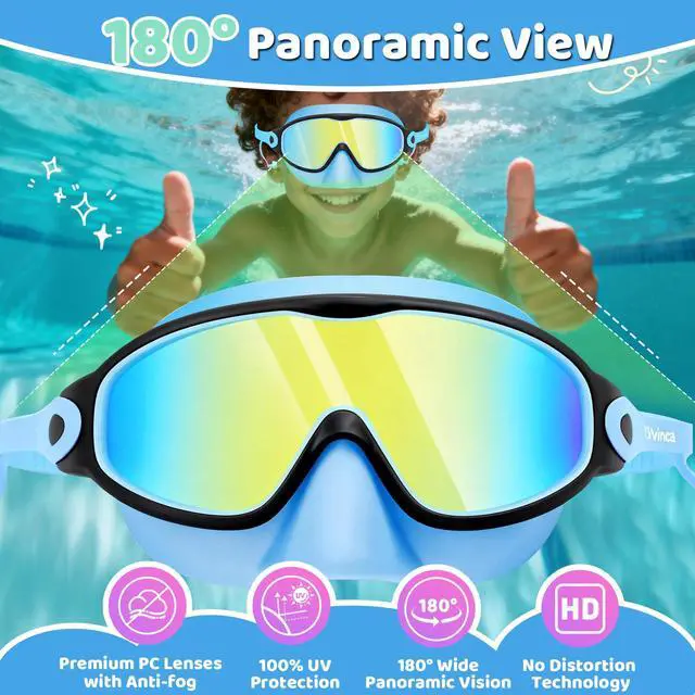 Alt view image 5 of 7 - Kids Swim Goggles 2 Pack with Nose Cover and Attached Earplugs, Wide View Anti-Fog/UV Swimming Goggles for Age 3-12 Boys Girls, No Leak Pool Water Clear Swimming Goggle for Youth Toddler