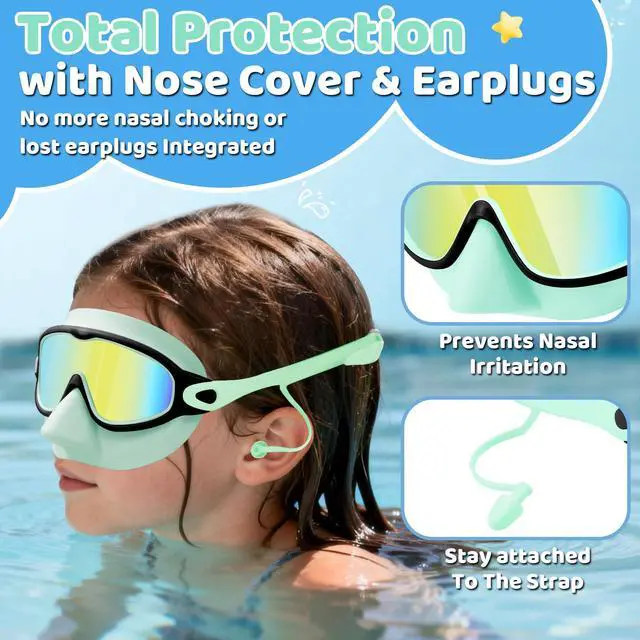 Alt view image 7 of 7 - Kids Swim Goggles 2 Pack with Nose Cover and Attached Earplugs, Wide View Anti-Fog/UV Swimming Goggles for Age 3-12 Boys Girls, No Leak Pool Water Clear Swimming Goggle for Youth Toddler