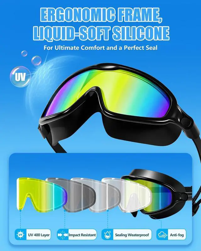 Alt view image 3 of 6 - Swim Goggles for Adult Youth - 2 Pack Wide View Anti-Fog Anti-UV Swimming Goggles for Men & Women (Aqua & Birght Rose)