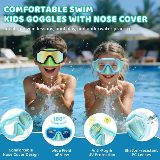 Alt view image 4 of 7 - Pack Kids Swim Goggles with Nose Cover for Boys Girls 3-15, Anti Fog Diving Mask with Shatterproof Safety Lens for Toddler, Waterproof Swimming Goggles Value Set for Beach & Pool Beach