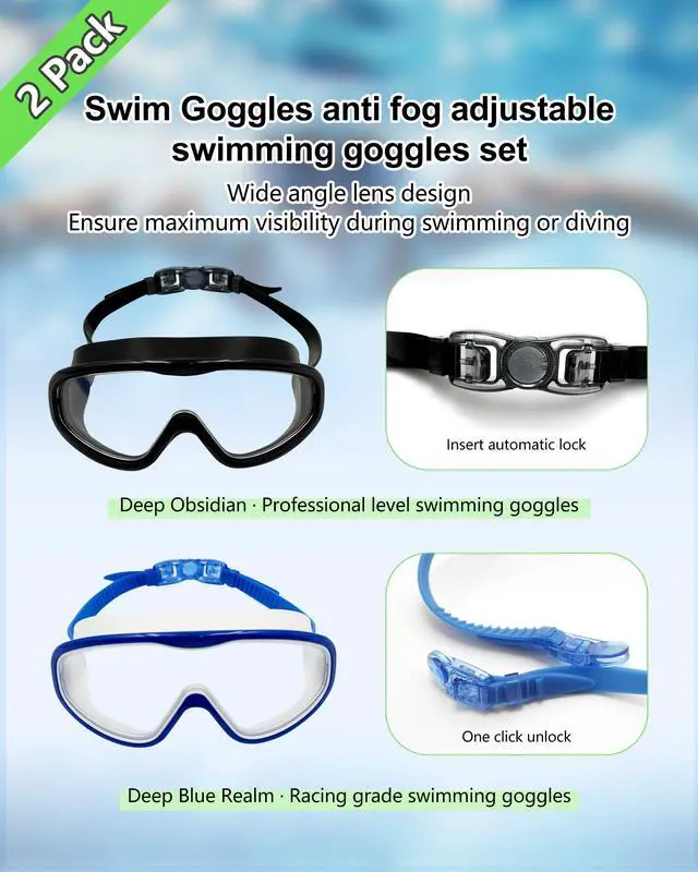Alt view image 7 of 7 - 2 Pack Adult Swimming Goggles, Anti-Fog UV Protection Swim Glasses with Soft Leakproof Silicone Gasket, Wide View Professional Swim Goggles for Men, Women & Youth Training & Pool