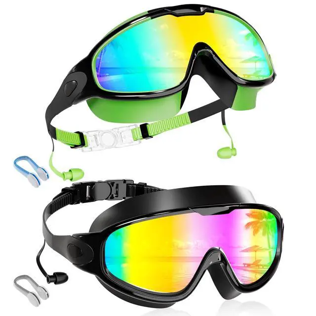 Main image of New Kids 2 Pack Wide View Swim Goggles, Anti-Fog/UV No Leak Goggles with Ear Plugs Kids 3-14