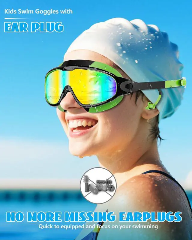Alt view image 2 of 7 - New Kids 2 Pack Wide View Swim Goggles, Anti-Fog/UV No Leak Goggles with Ear Plugs Kids 3-14
