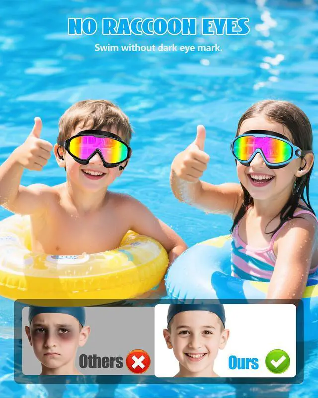 Alt view image 3 of 7 - New Kids 2 Pack Wide View Swim Goggles, Anti-Fog/UV No Leak Goggles with Ear Plugs Kids 3-14