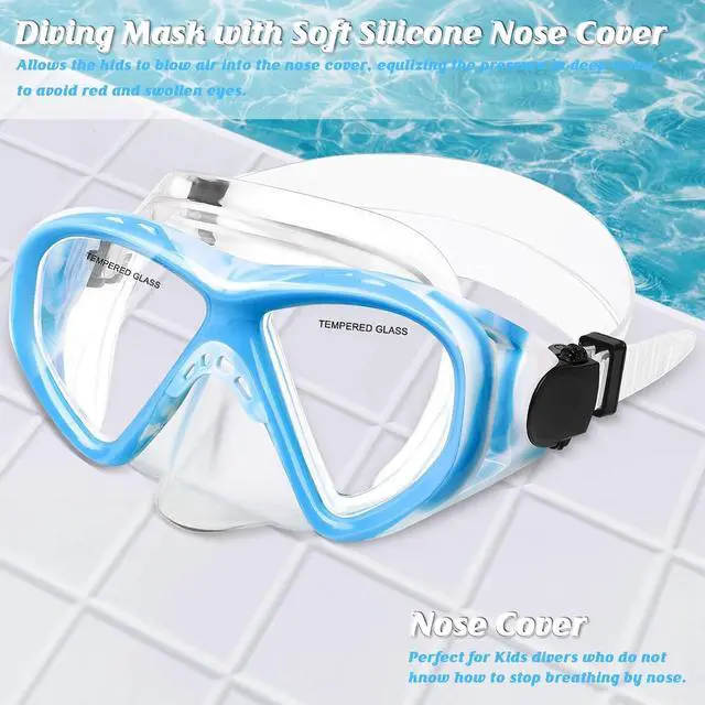 Alt view image 2 of 7 - Kids Swim Goggles Snorkel Diving Mask for Boys Girls Ages 5-15, Anti-Fog Swimming Goggles with Nose Cover (2PCS Blue&Blue Green)