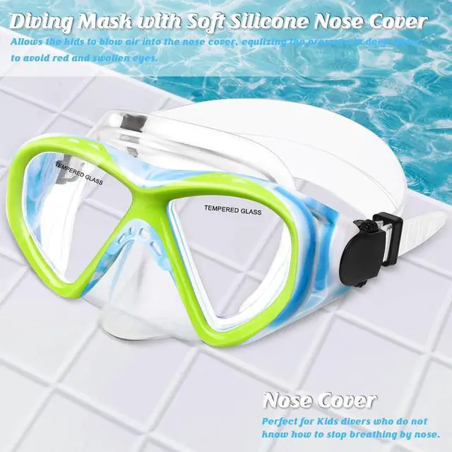 Alt view image 3 of 7 - Kids Swim Goggles Snorkel Diving Mask for Boys Girls Ages 5-15, Anti-Fog Swimming Goggles with Nose Cover (2PCS Blue&Blue Green)