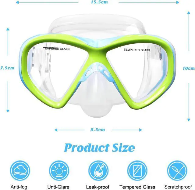 Alt view image 5 of 7 - Kids Swim Goggles Snorkel Diving Mask for Boys Girls Ages 5-15, Anti-Fog Swimming Goggles with Nose Cover (2PCS Blue&Blue Green)