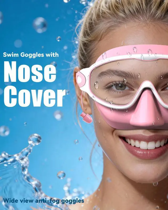 Alt view image 2 of 7 - Swim Goggles with Nose Cover for Adults, 2 Pack Wide View Swimming Goggles Anti-Fog/UV No Leak for Men & Women