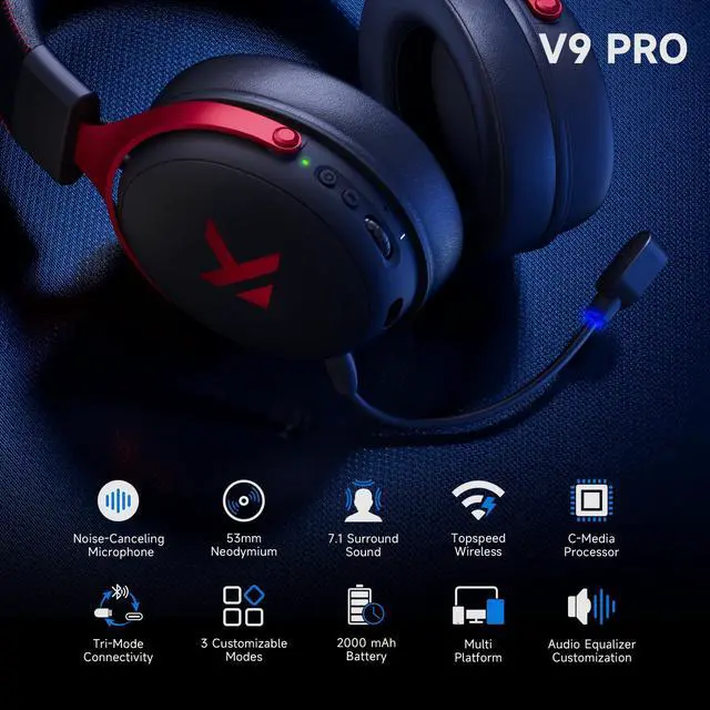 Alt view image 4 of 7 - Wireless Gaming Headset 7.1 Surround Sound for PS5 PS4 PC SWITCH TOPSPEED Gaming Headphones, Noise Canceling Mic, 250Hr Battery, Low 15ms Latency, Lightweight, BT 5.3 FPS Games Black&Red