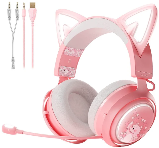 Main image of GS510 Gaming Headset, Cat Ear Headset PC Gaming Headphones with Retractable Mic Noise Cancelling, Stereo Sound, DIY Face Covers for PC, PS4, PS5,Xbox One(Only White LED Light)-Pink