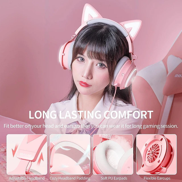 Alt view image 4 of 7 - GS510 Gaming Headset, Cat Ear Headset PC Gaming Headphones with Retractable Mic Noise Cancelling, Stereo Sound, DIY Face Covers for PC, PS4, PS5,Xbox One(Only White LED Light)-Pink