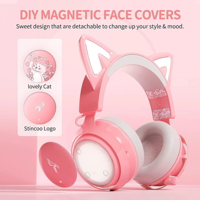 Alt view image 5 of 7 - GS510 Gaming Headset, Cat Ear Headset PC Gaming Headphones with Retractable Mic Noise Cancelling, Stereo Sound, DIY Face Covers for PC, PS4, PS5,Xbox One(Only White LED Light)-Pink
