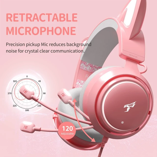 Alt view image 6 of 7 - GS510 Gaming Headset, Cat Ear Headset PC Gaming Headphones with Retractable Mic Noise Cancelling, Stereo Sound, DIY Face Covers for PC, PS4, PS5,Xbox One(Only White LED Light)-Pink