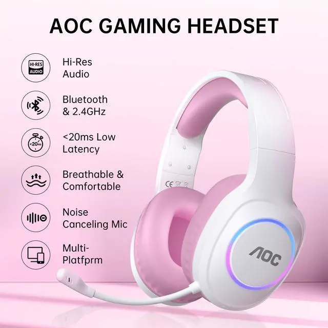 Alt view image 2 of 7 - Wireless Gaming Headset Compatible with ps5/4, PC, USB-C & Bluetooth 5.4 & 2.4GHz Gaming Headphones with Noise Canceling Mic, 7.1 Virtual Surround,20ms Latency, 45H, RGB- Pink