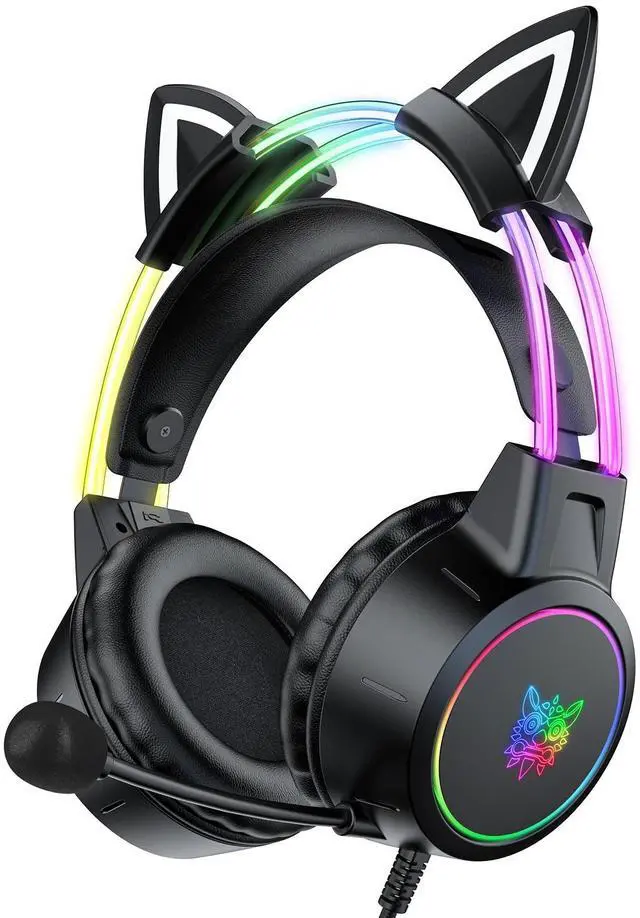 Main image of Lightweight Gaming Headset, RGB Lighting, Wired Over Ear Headphones with Mic for PC Laptop PS4 PS5 Switch, Stereo Surround Sound, Self-Adjusting Headband, Black Cat Ear