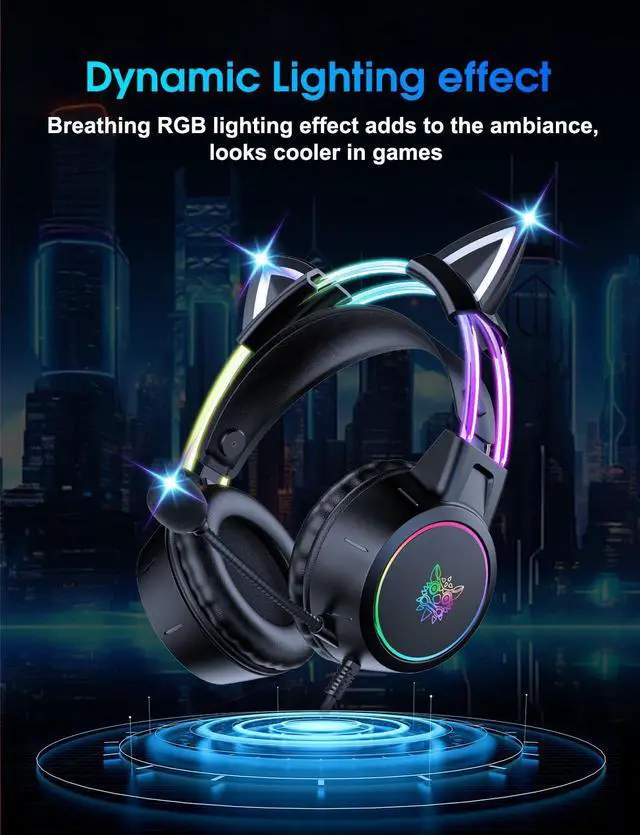 Alt view image 2 of 7 - Lightweight Gaming Headset, RGB Lighting, Wired Over Ear Headphones with Mic for PC Laptop PS4 PS5 Switch, Stereo Surround Sound, Self-Adjusting Headband, Black Cat Ear