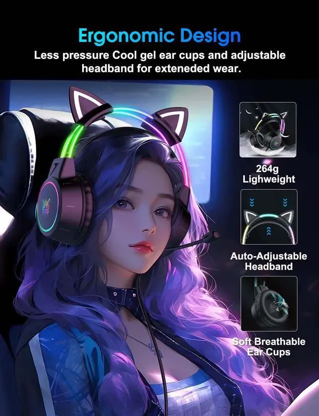 Alt view image 4 of 7 - Lightweight Gaming Headset, RGB Lighting, Wired Over Ear Headphones with Mic for PC Laptop PS4 PS5 Switch, Stereo Surround Sound, Self-Adjusting Headband, Black Cat Ear