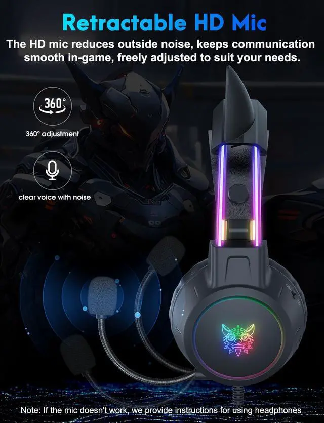 Alt view image 5 of 7 - Lightweight Gaming Headset, RGB Lighting, Wired Over Ear Headphones with Mic for PC Laptop PS4 PS5 Switch, Stereo Surround Sound, Self-Adjusting Headband, Black Cat Ear
