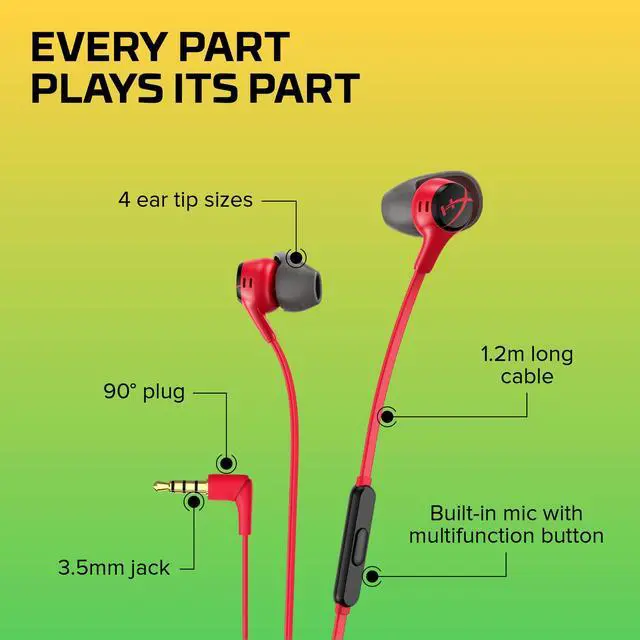 Alt view image 6 of 7 - Cloud Earbuds II 14mm Drivers, Four Eartips, Hard-Shell Carrying Case, Low-Profile 90° Plug, 3.5mm Plug, Built-in Microphone, Multi-Function Button, PC, Mobile, Nintendo Switch Red