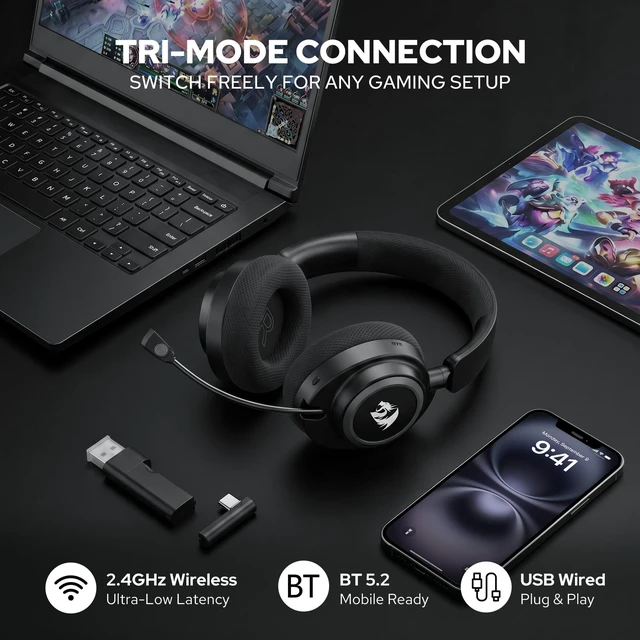 Alt view image 3 of 7 - Wireless Gaming Headset, Tri-Mode (2.4G/BT/Wired), 65H Battery, 50mm Drivers & 7.1 Surround Sound, Noise-Cancelling Retractable Mic, Compatible with PC, PS5, NS, Mac, Mobile