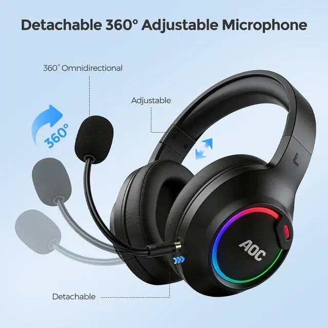 Alt view image 5 of 7 - Wireless Gaming Headset for PS5, PS4, PC - Bluetooth 6.0, 2.4GHz, Detachable Noise Cancelling Mic, Over-Ear RGB Lighting Gaming Headphone for Xbox, Switch, Black ACG2532