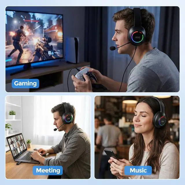 Alt view image 4 of 7 - Wireless Gaming Headset for PS5, PS4, PC - Bluetooth 6.0, 2.4GHz, Detachable Noise Cancelling Mic, Over-Ear RGB Lighting Gaming Headphone for Xbox, Switch, Black ACG2532