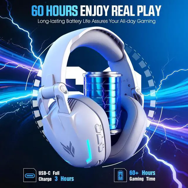 Alt view image 2 of 7 - Wireless Gaming Headset with Mic for PS5, PS4, PC, Switch, Mac, 2.4GHz USB/Type-C & Bluetooth 5.4 Headphones with Foldable Design, 7.1 Surround Sound, RGB Lighting, 60H Playtime