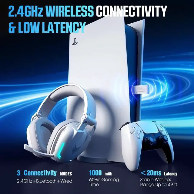 Alt view image 3 of 7 - Wireless Gaming Headset with Mic for PS5, PS4, PC, Switch, Mac, 2.4GHz USB/Type-C & Bluetooth 5.4 Headphones with Foldable Design, 7.1 Surround Sound, RGB Lighting, 60H Playtime