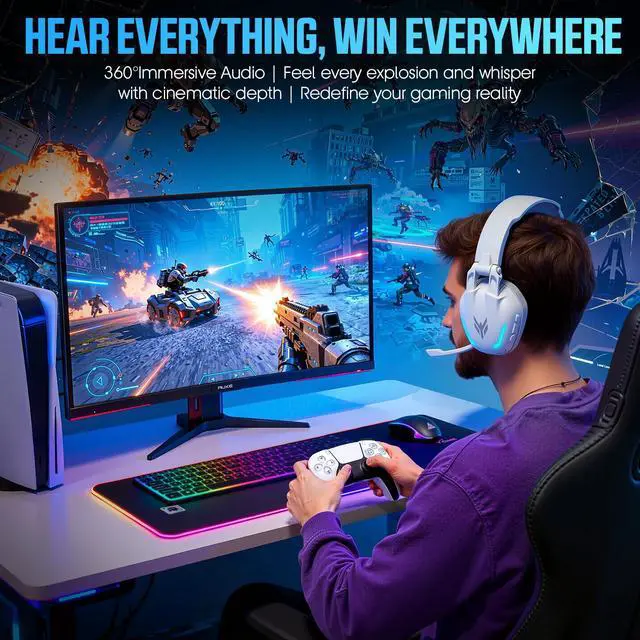 Alt view image 6 of 7 - Wireless Gaming Headset with Mic for PS5, PS4, PC, Switch, Mac, 2.4GHz USB/Type-C & Bluetooth 5.4 Headphones with Foldable Design, 7.1 Surround Sound, RGB Lighting, 60H Playtime