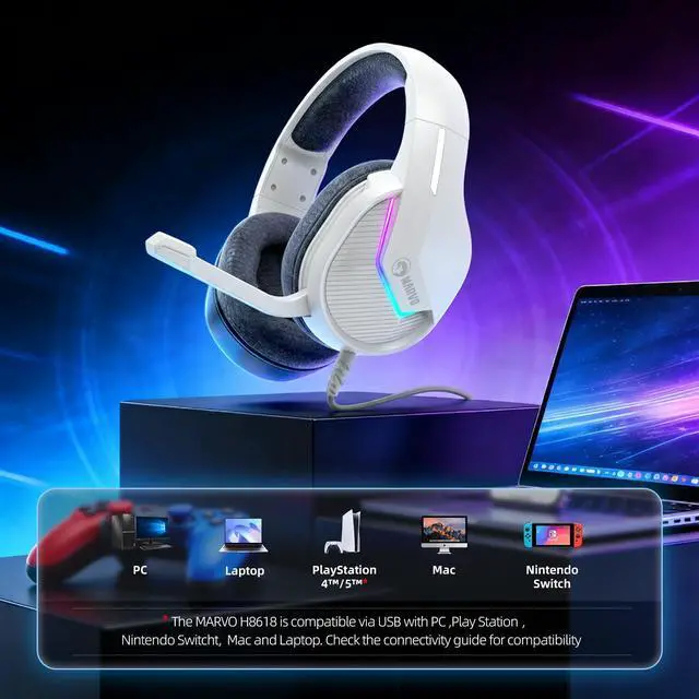 Alt view image 4 of 7 - USB Gaming Headset with Mic, Wired Headphone with Surround Sound, Noise Canceling Gaming Headphones for PC, PS4/PS5, Laptop, Mac, Switch- H8618