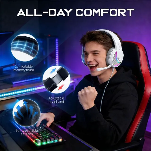 Alt view image 6 of 7 - USB Gaming Headset with Mic, Wired Headphone with Surround Sound, Noise Canceling Gaming Headphones for PC, PS4/PS5, Laptop, Mac, Switch- H8618
