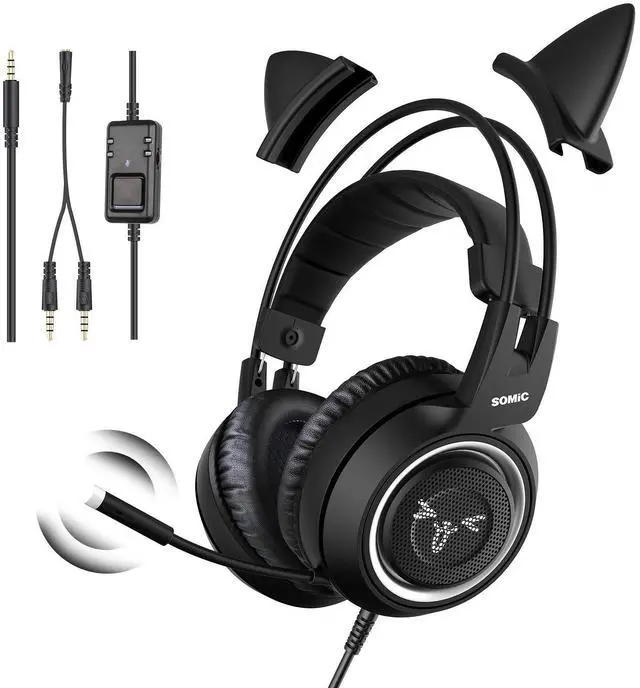 Main image of Stereo Gaming Headset with Mic for PS4, PS5, Xbox One, PC, Mobile Phone, 3.5MM Sound Detachable Cat Ear Headphones Lightweight Self-Adjusting Over Ear Office Headphones G951S Black