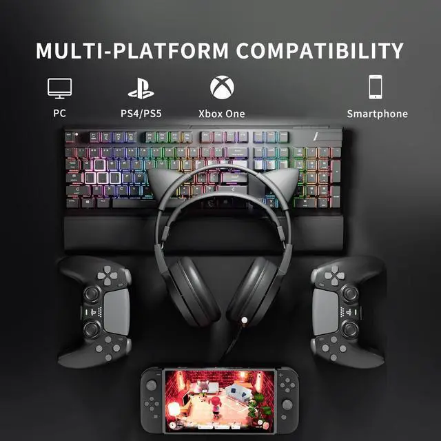 Alt view image 4 of 7 - Stereo Gaming Headset with Mic for PS4, PS5, Xbox One, PC, Mobile Phone, 3.5MM Sound Detachable Cat Ear Headphones Lightweight Self-Adjusting Over Ear Office Headphones G951S Black