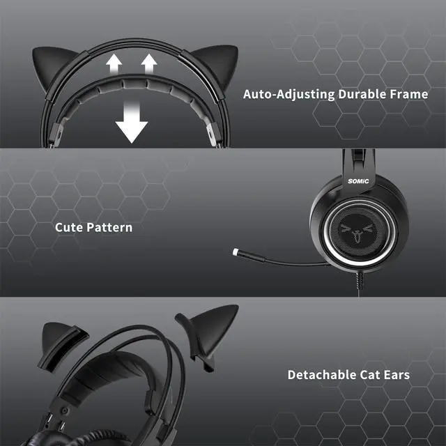 Alt view image 5 of 7 - Stereo Gaming Headset with Mic for PS4, PS5, Xbox One, PC, Mobile Phone, 3.5MM Sound Detachable Cat Ear Headphones Lightweight Self-Adjusting Over Ear Office Headphones G951S Black