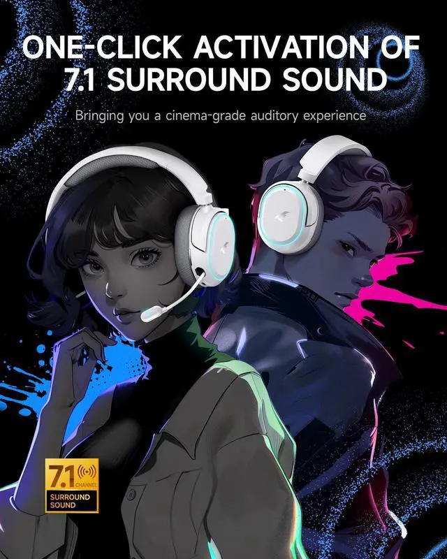 Alt view image 2 of 7 - Wireless Gaming Headset, Over-Ear 7.1 Virtual Surround Sound, 2.4GHz/Bluetooth 5.4/Wired, 5ms Ultra-Low Latency, 100H Battery, ENC Noise-Canceling Mic, RGB, for PC PS5 PS4 Switch (Grey)