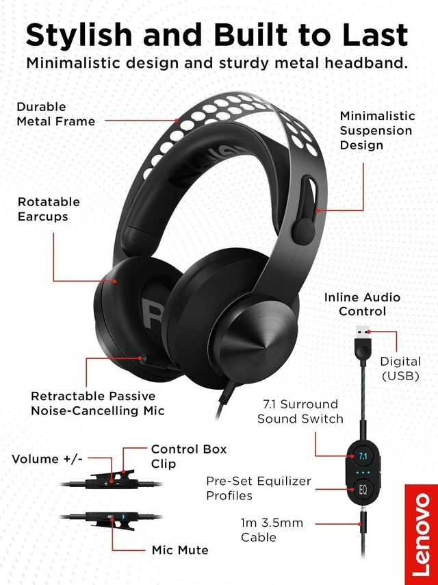 Alt view image 5 of 7 - Lenovo Legion H500 PRO 7.1 Surround Sound Gaming Headset, Noise-Cancelling Mic, Memory Foam & PU Leather Earcups, Stainless Steel Headband, PC, PS4, Xbox One, Nintendo Switch, GXD0T69864, Black