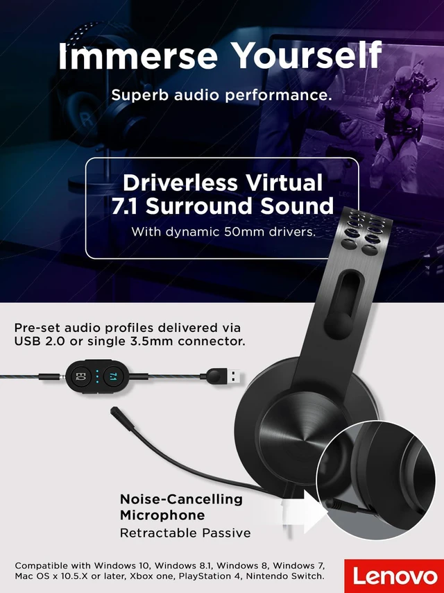 Alt view image 7 of 7 - Lenovo Legion H500 PRO 7.1 Surround Sound Gaming Headset, Noise-Cancelling Mic, Memory Foam & PU Leather Earcups, Stainless Steel Headband, PC, PS4, Xbox One, Nintendo Switch, GXD0T69864, Black