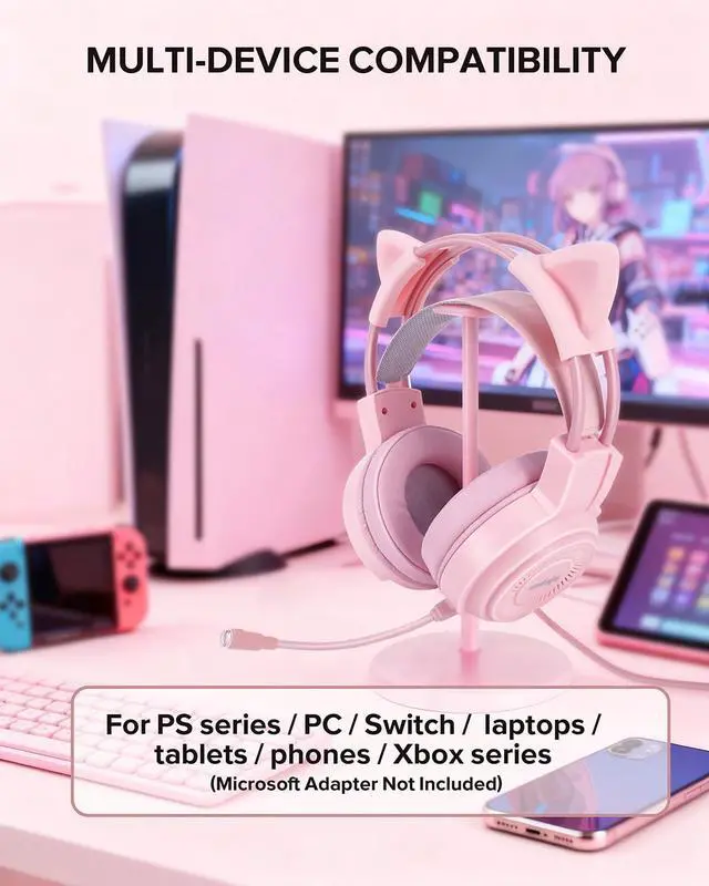 Alt view image 5 of 7 - Upgraded Pink Gaming Headset for PS4, PS5, Xbox One, PC, Switch, Laptop