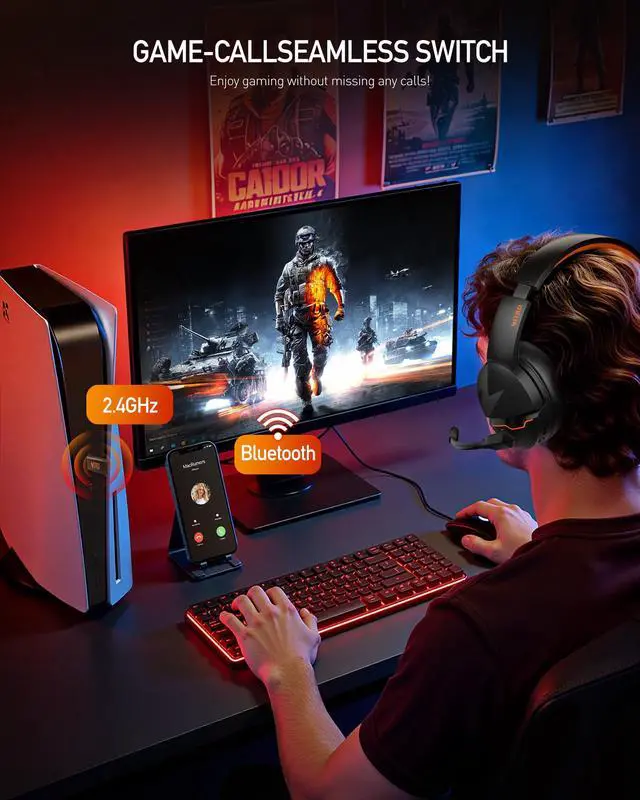 Alt view image 3 of 7 - Wireless Gaming Headset, PS5 Headset with 2.4GHz for Ps5, Ps4, PC, Switch, Bluetooth 5.3 + 100Hrs Gaming Headphones with Noise Canceling Mic for Laptop, Mobile, Mac, 50mm Drivers (Orange)