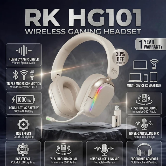 Alt view image 2 of 7 - Wireless Gaming Headset, 7.1 Surround Sound, Stereo Wired Headphones with Retractable Mic, Bluetooth5.3, RGB, Memory Foam Ear Pads, Works with PC, PS4, PS5, Switch, Platinum Grey