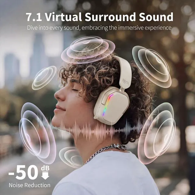Alt view image 3 of 7 - Wireless Gaming Headset, 7.1 Surround Sound, Stereo Wired Headphones with Retractable Mic, Bluetooth5.3, RGB, Memory Foam Ear Pads, Works with PC, PS4, PS5, Switch, Platinum Grey