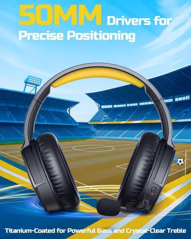 Alt view image 2 of 7 - Wireless Gaming Headset 2.4GHz Low-Latency USB Dongle + Bluetooth, 50mm Drivers 7.1 Surround, Noise-Cancelling Mic, 40H Battery Over Ear Wireless Headphones for PS5, PC, Laptop, Yellow