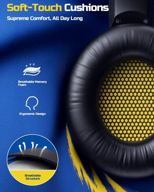 Alt view image 4 of 7 - Wireless Gaming Headset 2.4GHz Low-Latency USB Dongle + Bluetooth, 50mm Drivers 7.1 Surround, Noise-Cancelling Mic, 40H Battery Over Ear Wireless Headphones for PS5, PC, Laptop, Yellow