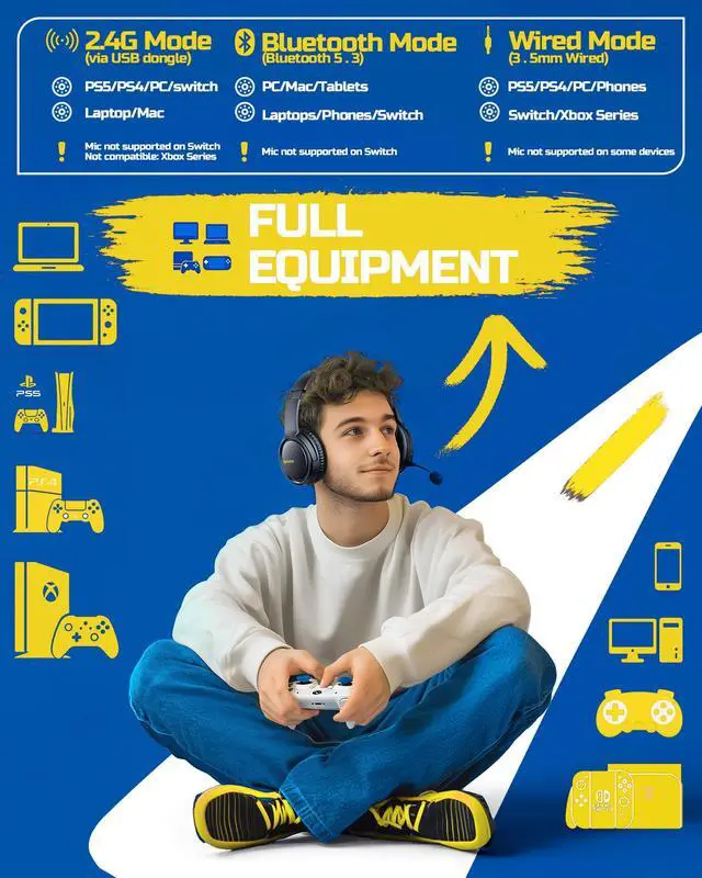 Alt view image 6 of 7 - Wireless Gaming Headset 2.4GHz Low-Latency USB Dongle + Bluetooth, 50mm Drivers 7.1 Surround, Noise-Cancelling Mic, 40H Battery Over Ear Wireless Headphones for PS5, PC, Laptop, Yellow
