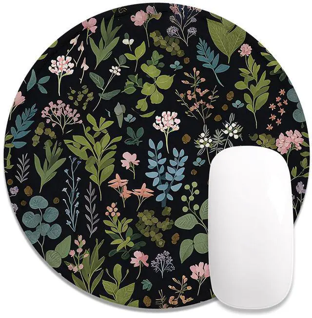 Main image of Round Mouse Pad, Cute Small Computer Mouse Mat, Personalized Pattern, Stitched Edge, Non-Slip Rubber, Washable Mousepad Cloth for Wireless Mouse, 8.7 x 8.7 in, Thick 3mm, Pink Flowers Night