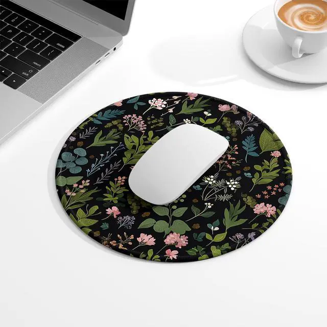 Alt view image 2 of 7 - Round Mouse Pad, Cute Small Computer Mouse Mat, Personalized Pattern, Stitched Edge, Non-Slip Rubber, Washable Mousepad Cloth for Wireless Mouse, 8.7 x 8.7 in, Thick 3mm, Pink Flowers Night