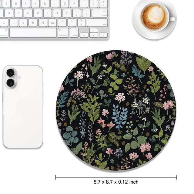 Alt view image 4 of 7 - Round Mouse Pad, Cute Small Computer Mouse Mat, Personalized Pattern, Stitched Edge, Non-Slip Rubber, Washable Mousepad Cloth for Wireless Mouse, 8.7 x 8.7 in, Thick 3mm, Pink Flowers Night
