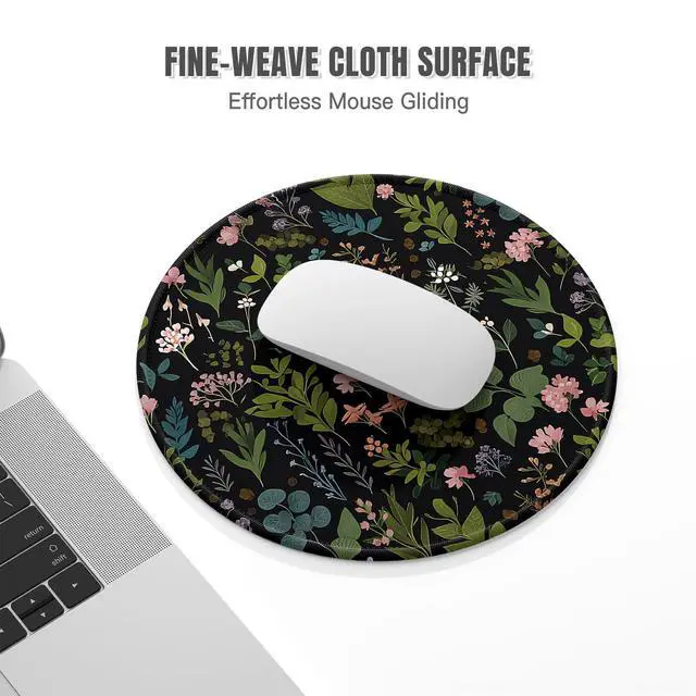 Alt view image 3 of 7 - Round Mouse Pad, Cute Small Computer Mouse Mat, Personalized Pattern, Stitched Edge, Non-Slip Rubber, Washable Mousepad Cloth for Wireless Mouse, 8.7 x 8.7 in, Thick 3mm, Pink Flowers Night