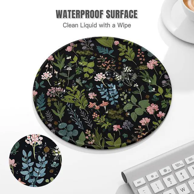 Alt view image 5 of 7 - Round Mouse Pad, Cute Small Computer Mouse Mat, Personalized Pattern, Stitched Edge, Non-Slip Rubber, Washable Mousepad Cloth for Wireless Mouse, 8.7 x 8.7 in, Thick 3mm, Pink Flowers Night